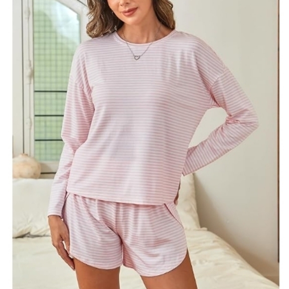Long Sleeve Pajama Lounge Matching Set Striped Sleepwear Pink - Picture 6 of 6